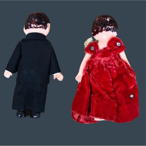 Vintage Celluloid Dolls Bride Groom Red Velvet Dress Rhinestones Cake Toppers - Picture 2 of 12